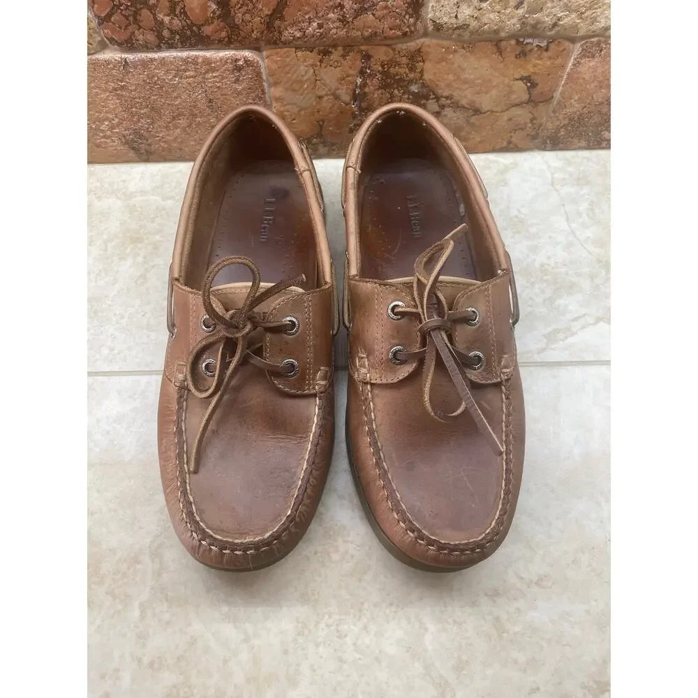 L.L.Bean Men’s 9.5 Brown Leather Boat Shoes Moc Toe Lace Up Deck Shoes